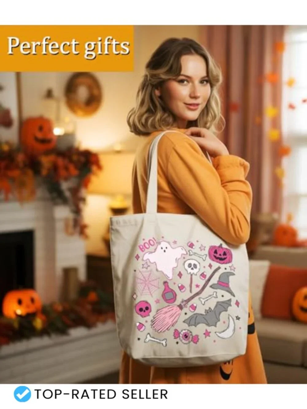 Halloween Ghost Canvas Tote Bag with Zippered Pocket for Women
